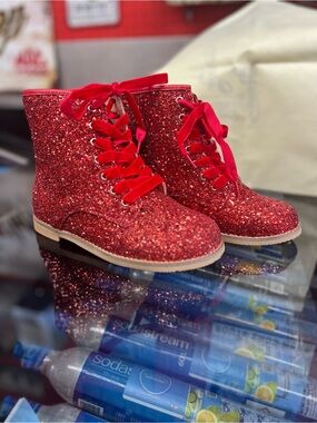 Kids' Red Glitter Lace-Up Boots with Satin Ribbon Laces